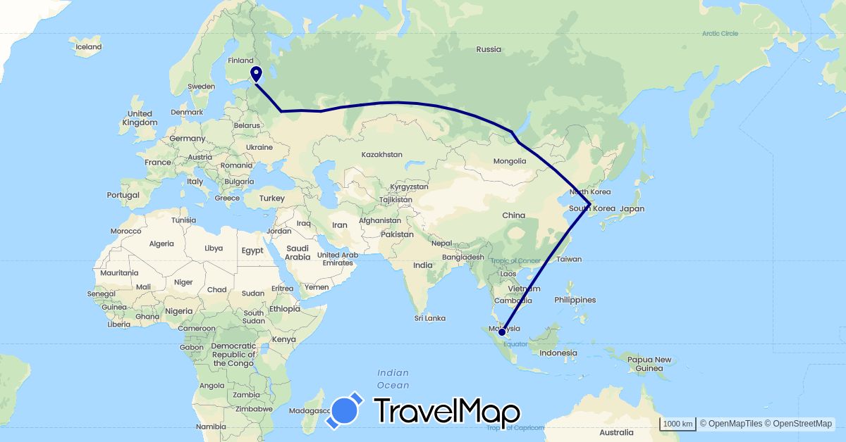 TravelMap itinerary: driving in South Korea, Mongolia, Malaysia, Russia (Asia, Europe)